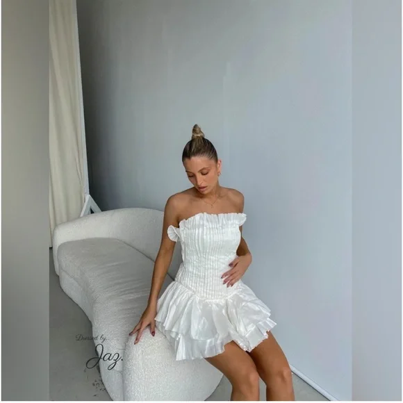 AJE Utopia Strapless Mini Dress with Drop and Waist Peplum Ruffles in White M - Picture 11 of 11